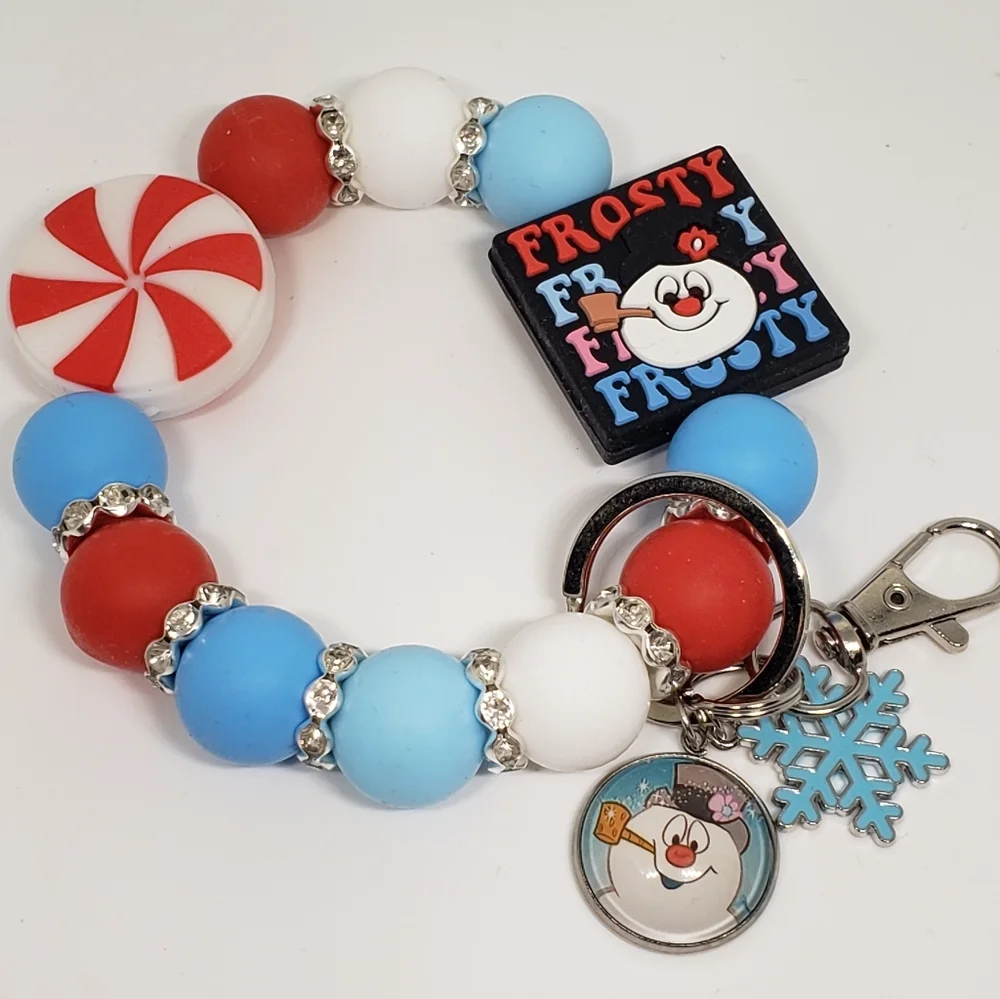 Handmade Frosty The Snowman Silicone Focal Bead Wristlet Keychain Bracelet